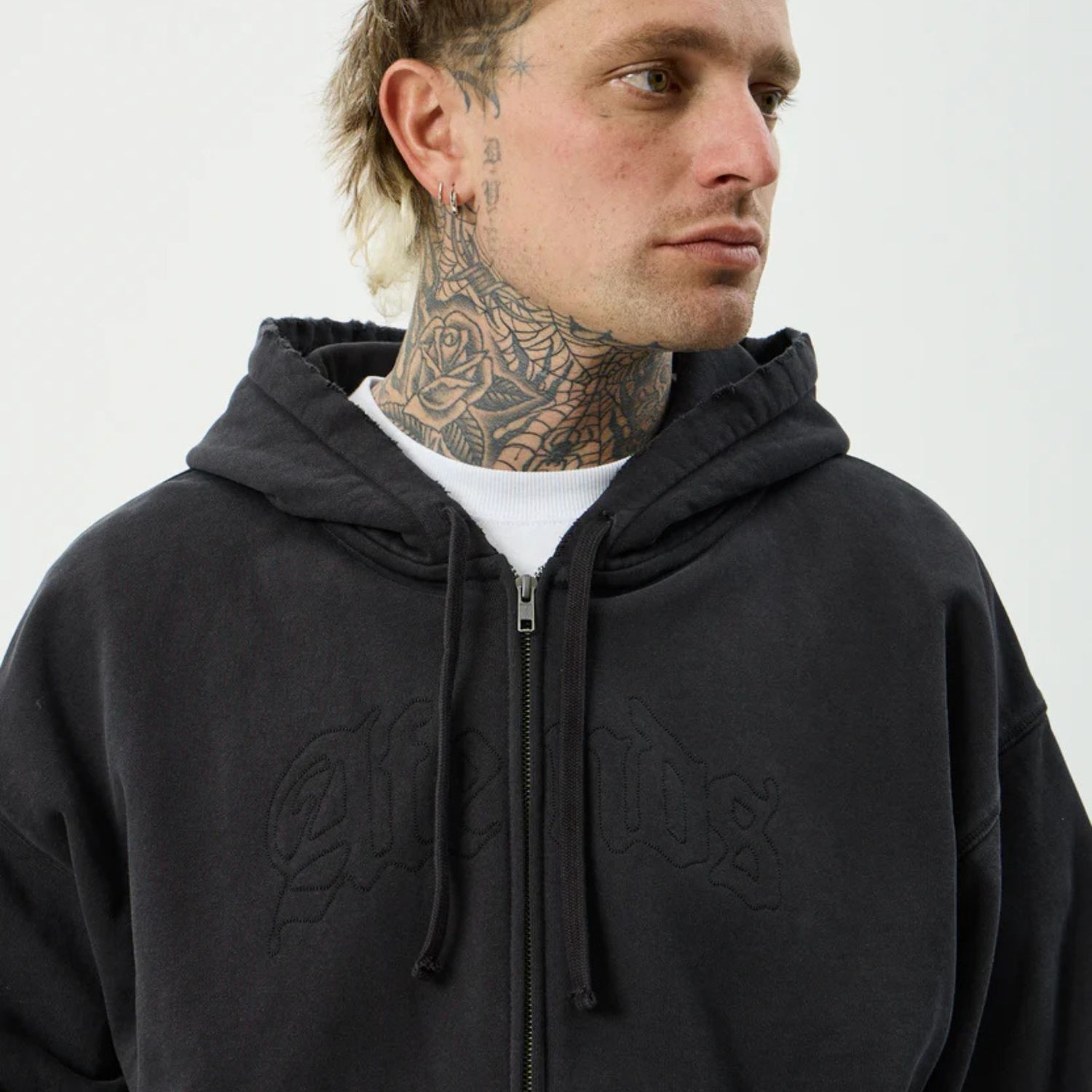 AFENDS MENS RESIDENCE - HEAVYWEIGHT BOXY ZIP HOOD - STONE BLACK