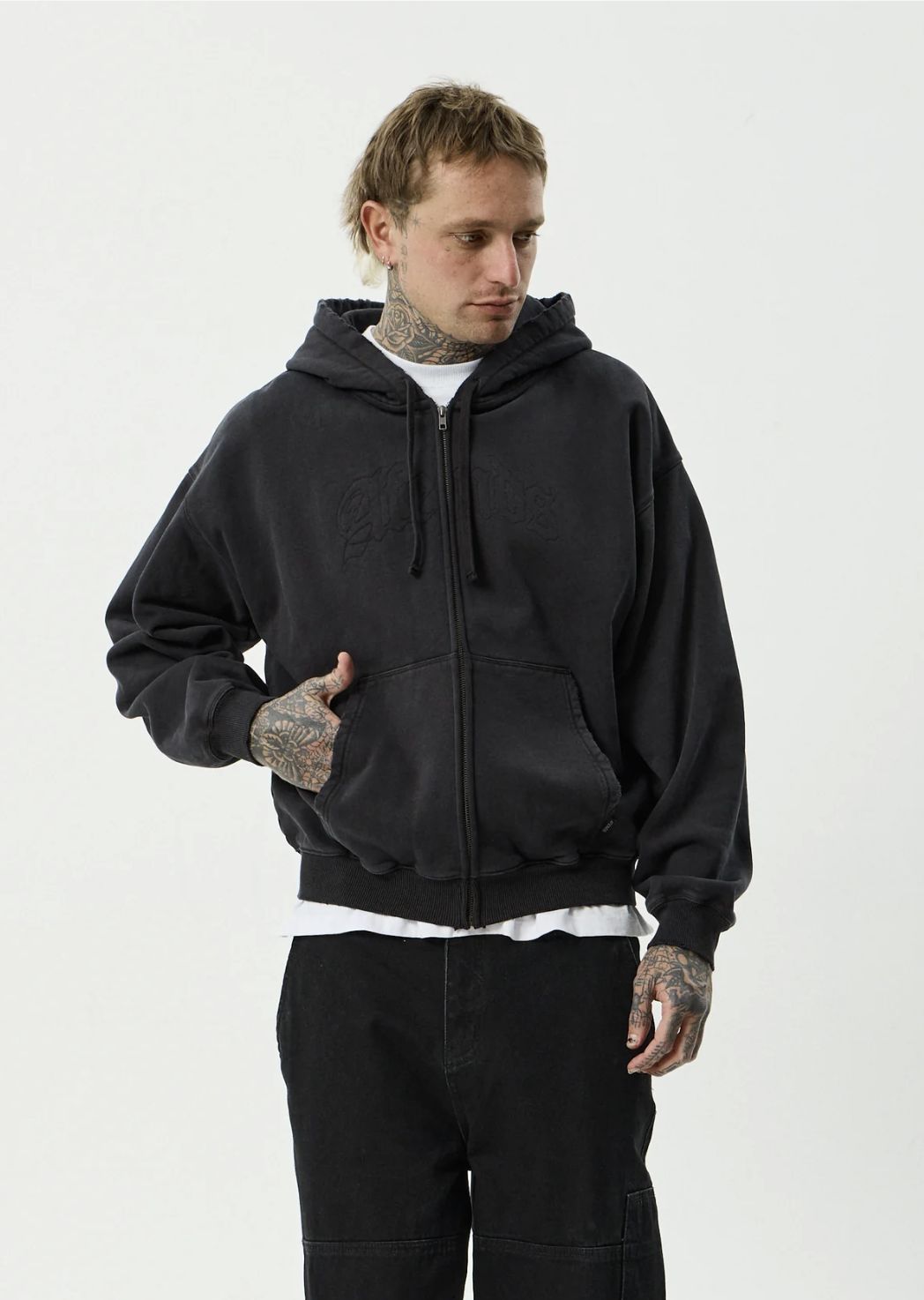 AFENDS MENS RESIDENCE - HEAVYWEIGHT BOXY ZIP HOOD - STONE BLACK