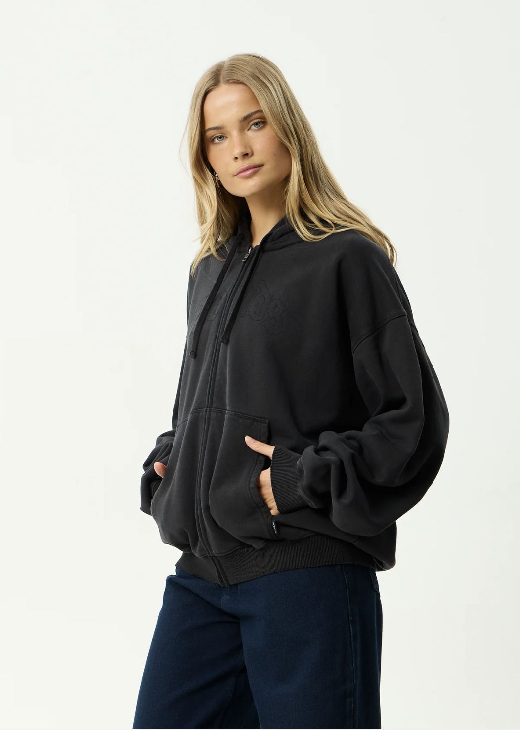 AFENDS MENS RESIDENCE - HEAVYWEIGHT BOXY ZIP HOOD - STONE BLACK