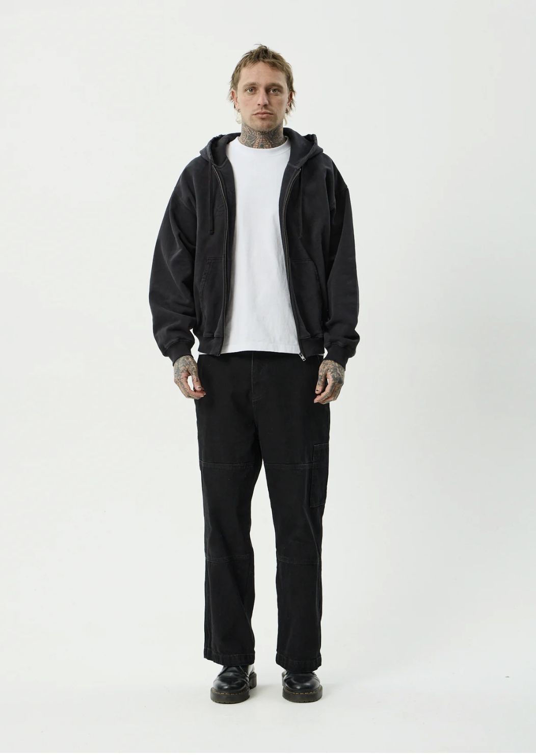 AFENDS MENS RESIDENCE - HEAVYWEIGHT BOXY ZIP HOOD - STONE BLACK