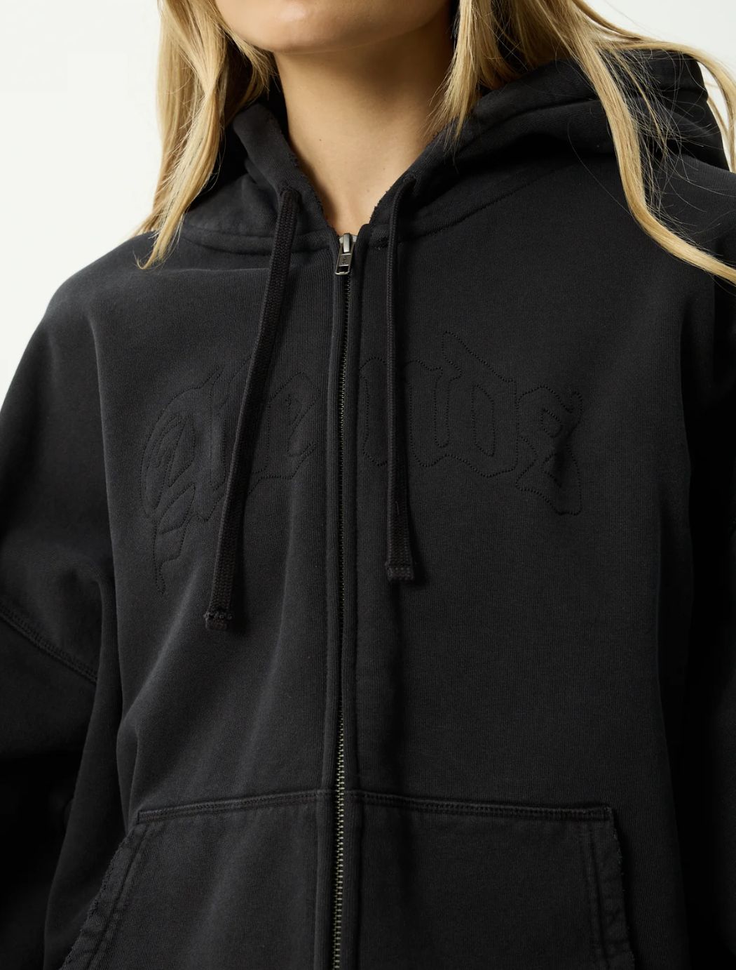 AFENDS MENS RESIDENCE - HEAVYWEIGHT BOXY ZIP HOOD - STONE BLACK