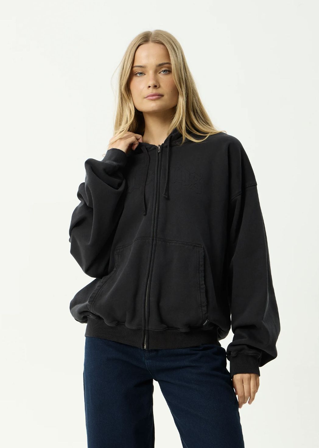 AFENDS MENS RESIDENCE - HEAVYWEIGHT BOXY ZIP HOOD - STONE BLACK