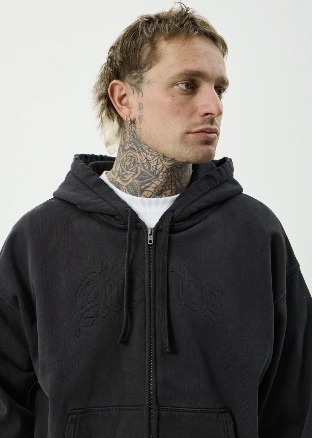AFENDS MENS RESIDENCE - HEAVYWEIGHT BOXY ZIP HOOD - STONE BLACK