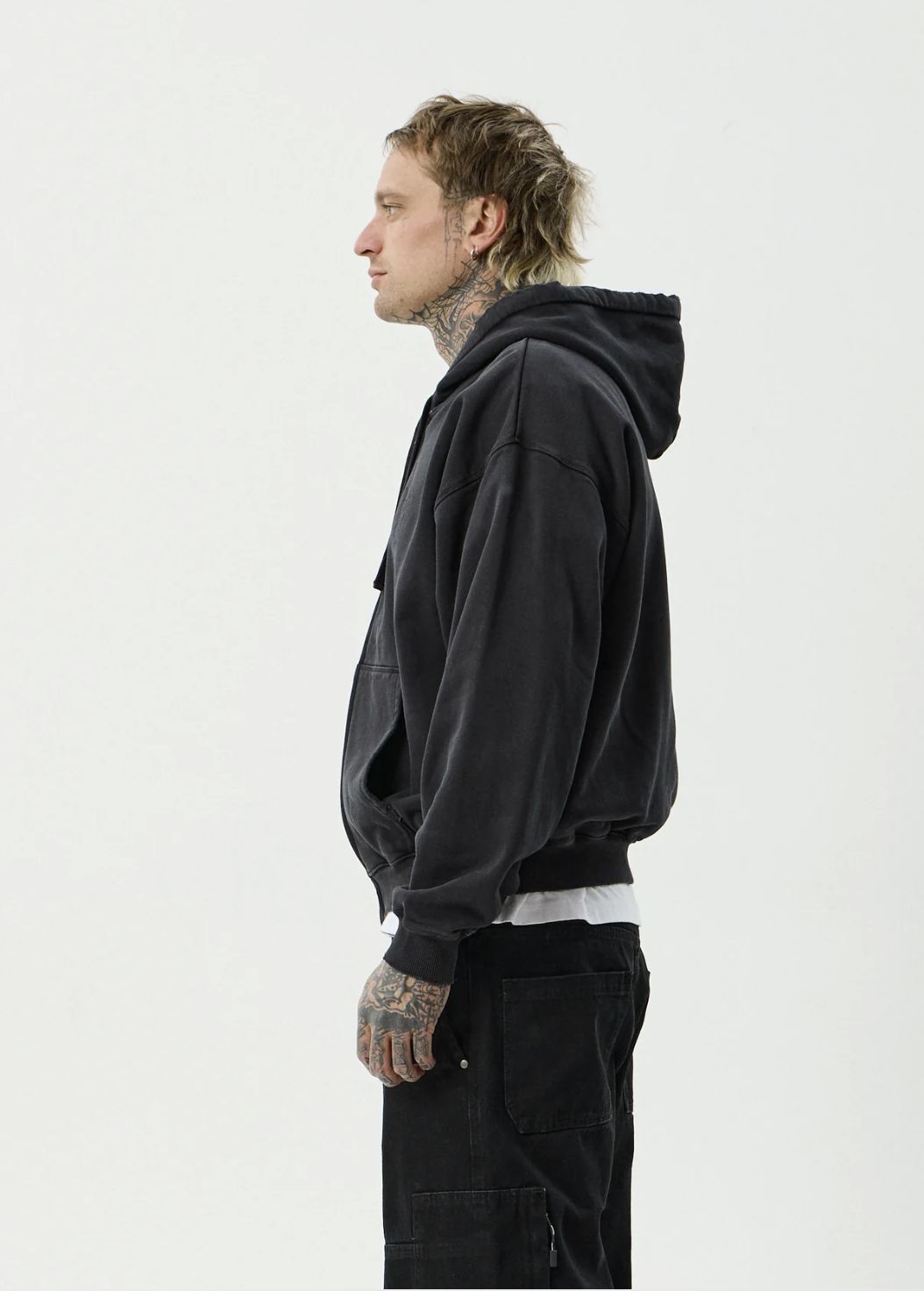 AFENDS MENS RESIDENCE - HEAVYWEIGHT BOXY ZIP HOOD - STONE BLACK