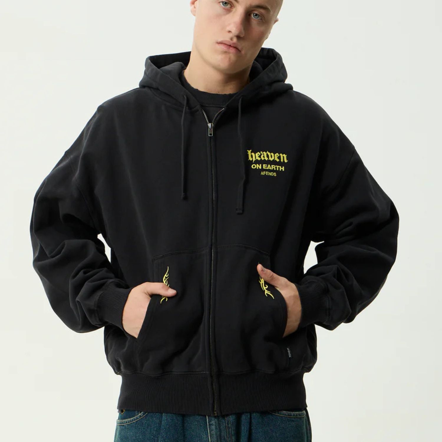AFENDS MENS HEAVEN - BOXY ZIP HOOD - STONE BLACK