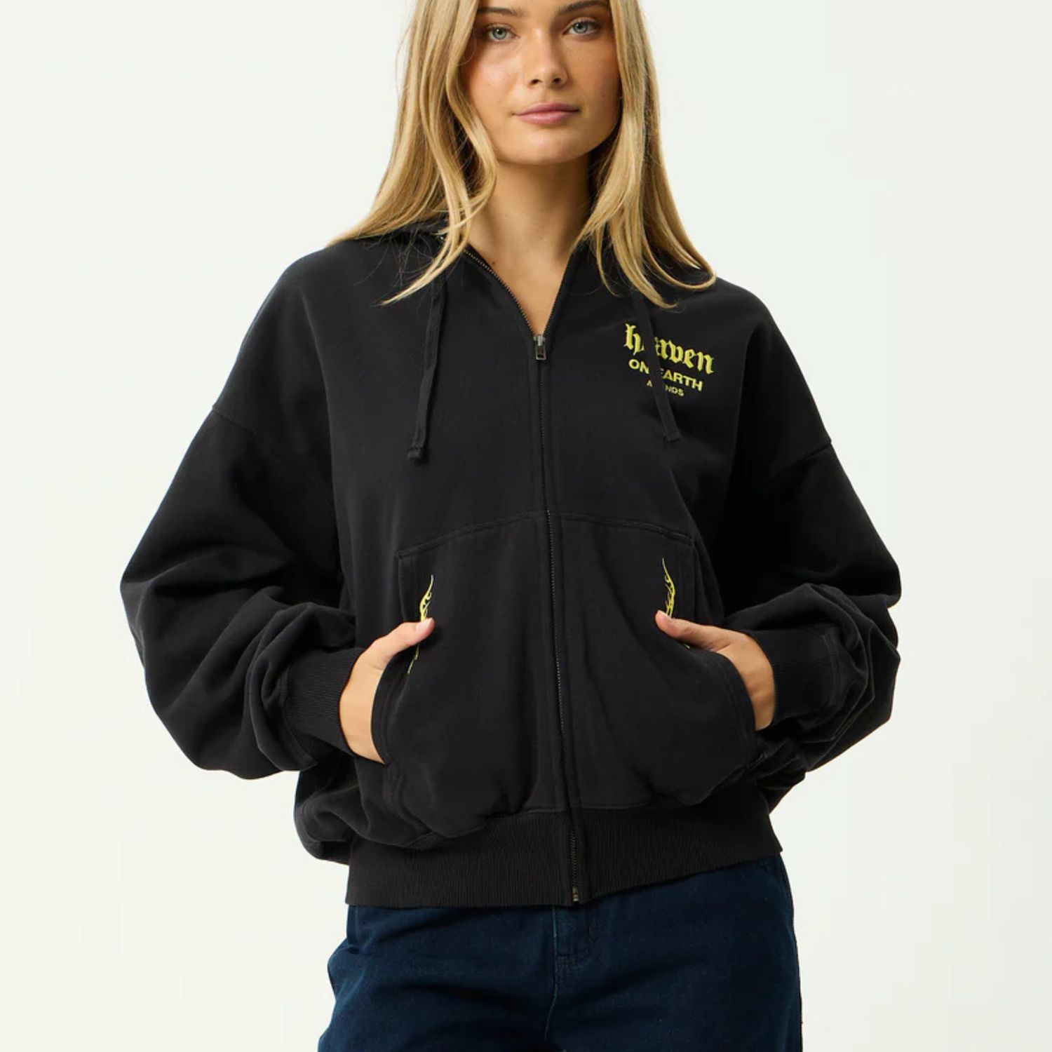 AFENDS MENS HEAVEN - BOXY ZIP HOOD - STONE BLACK