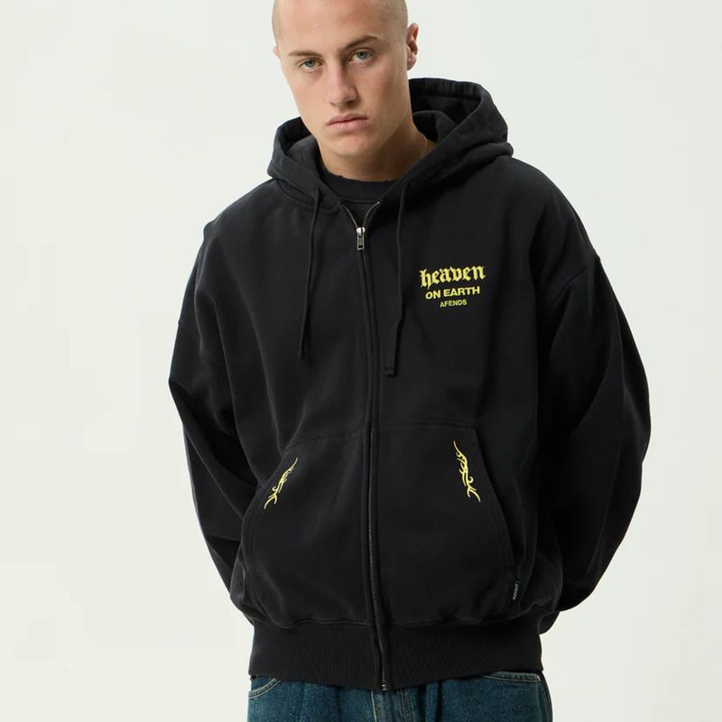 AFENDS MENS HEAVEN - BOXY ZIP HOOD - STONE BLACK