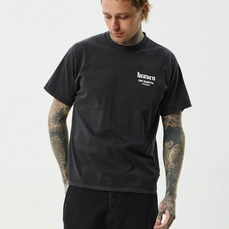 AFENDS MENS HEAVEN - HEAVYWEIGHT BOXY SS TEE - STONE BLACK