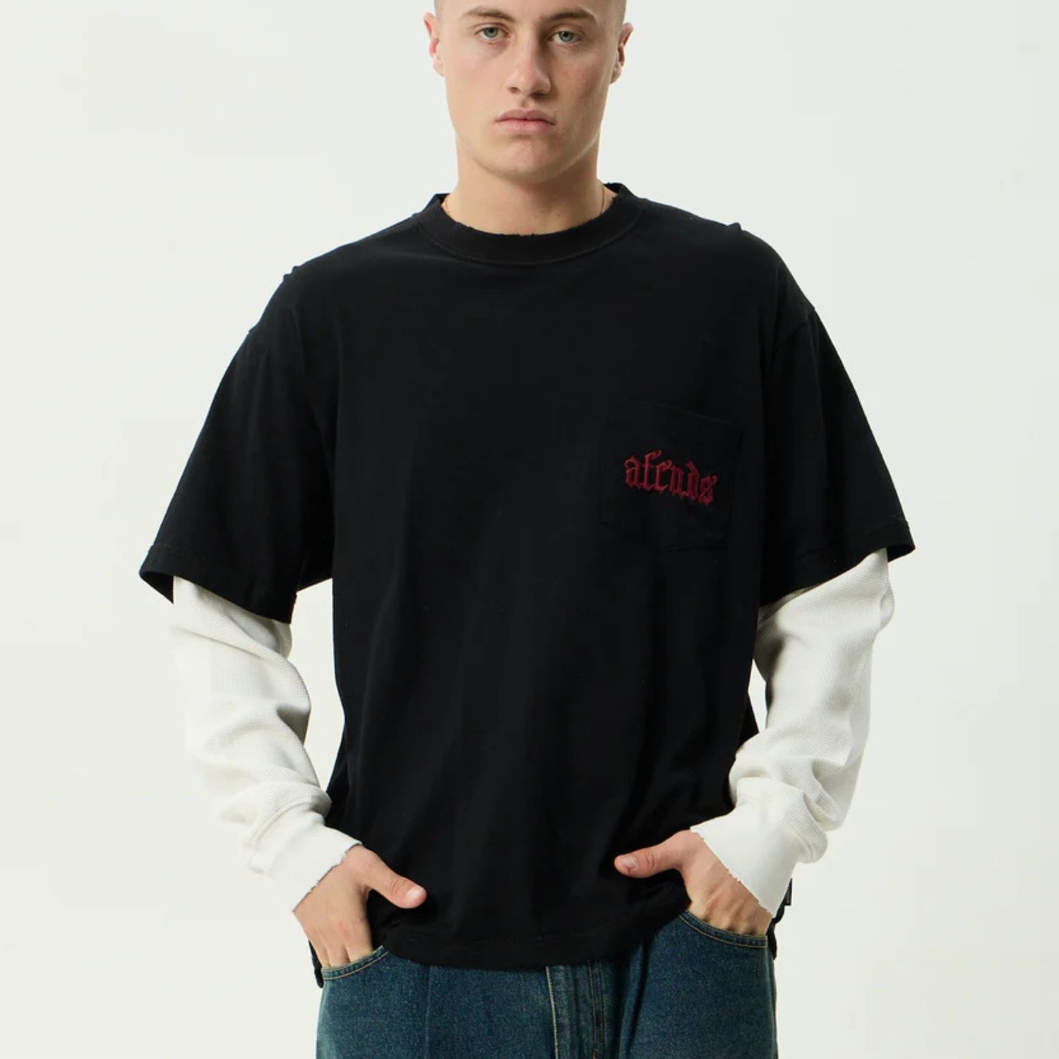 AFENDS MENS DROP ZONE - LAYERED WAFFLE LONG SLEEVE TEE - BLACK