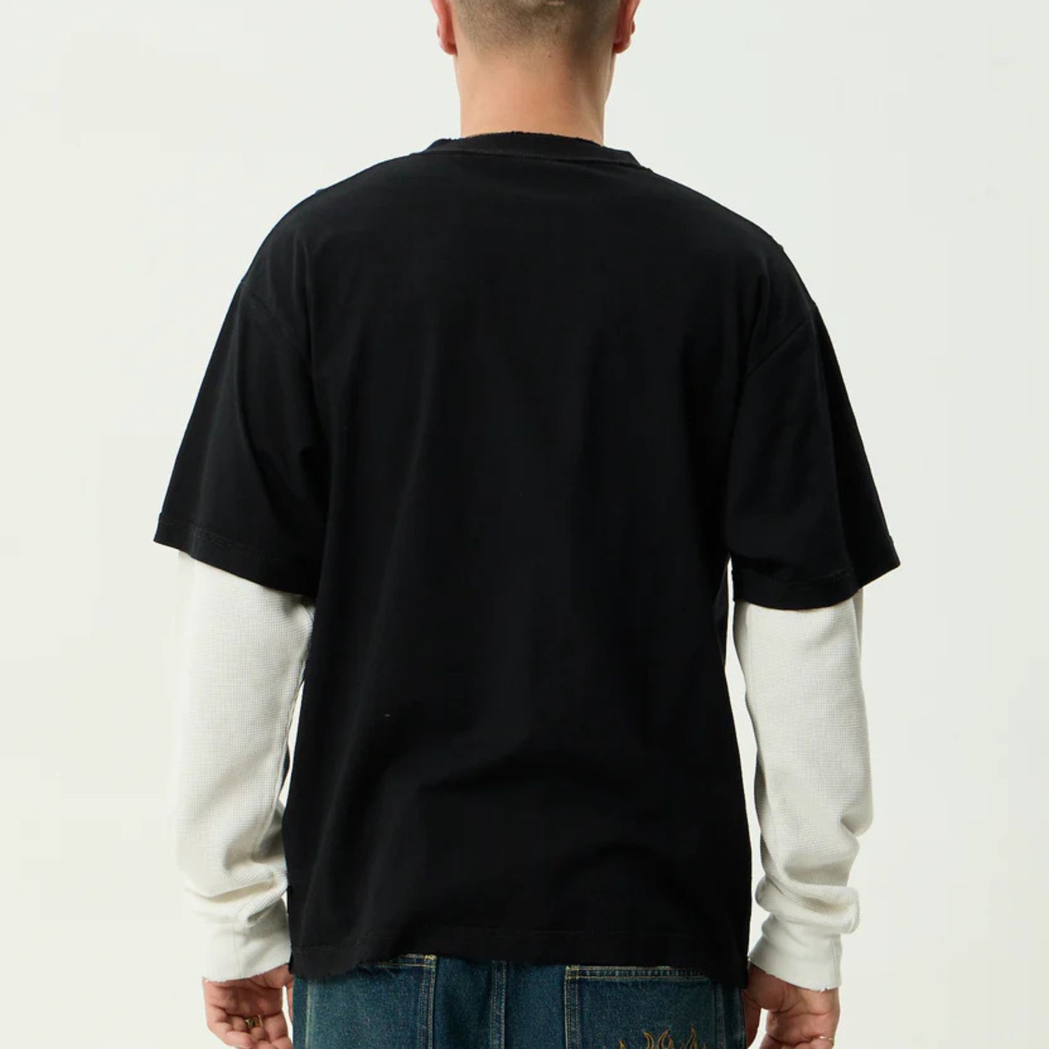 AFENDS MENS DROP ZONE - LAYERED WAFFLE LONG SLEEVE TEE - BLACK