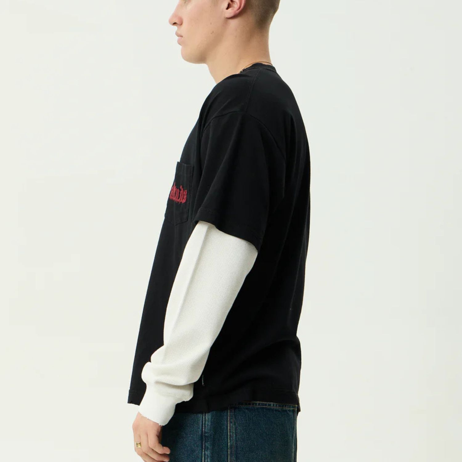 AFENDS MENS DROP ZONE - LAYERED WAFFLE LONG SLEEVE TEE - BLACK