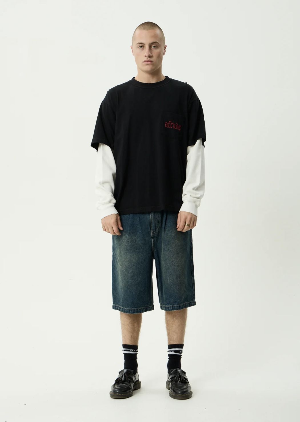 AFENDS MENS DROP ZONE - LAYERED WAFFLE LONG SLEEVE TEE - BLACK