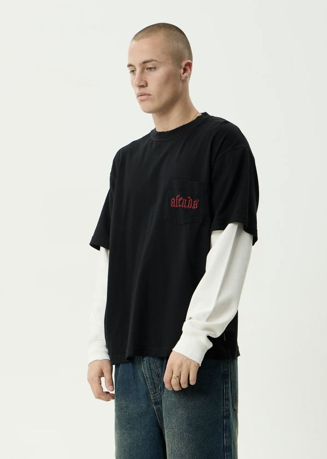 AFENDS MENS DROP ZONE - LAYERED WAFFLE LONG SLEEVE TEE - BLACK