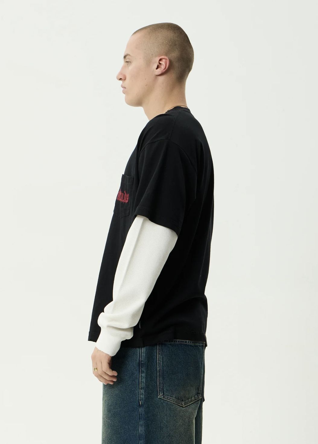 AFENDS MENS DROP ZONE - LAYERED WAFFLE LONG SLEEVE TEE - BLACK