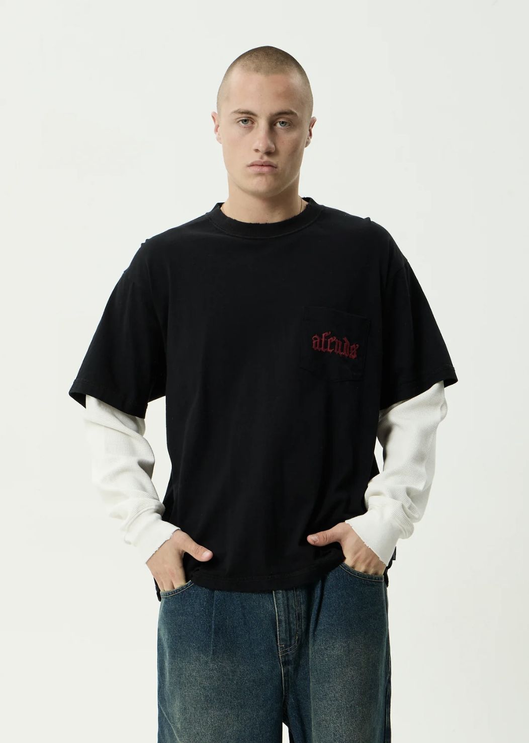 AFENDS MENS DROP ZONE - LAYERED WAFFLE LONG SLEEVE TEE - BLACK