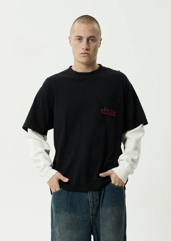 AFENDS MENS DROP ZONE - LAYERED WAFFLE LONG SLEEVE TEE - BLACK