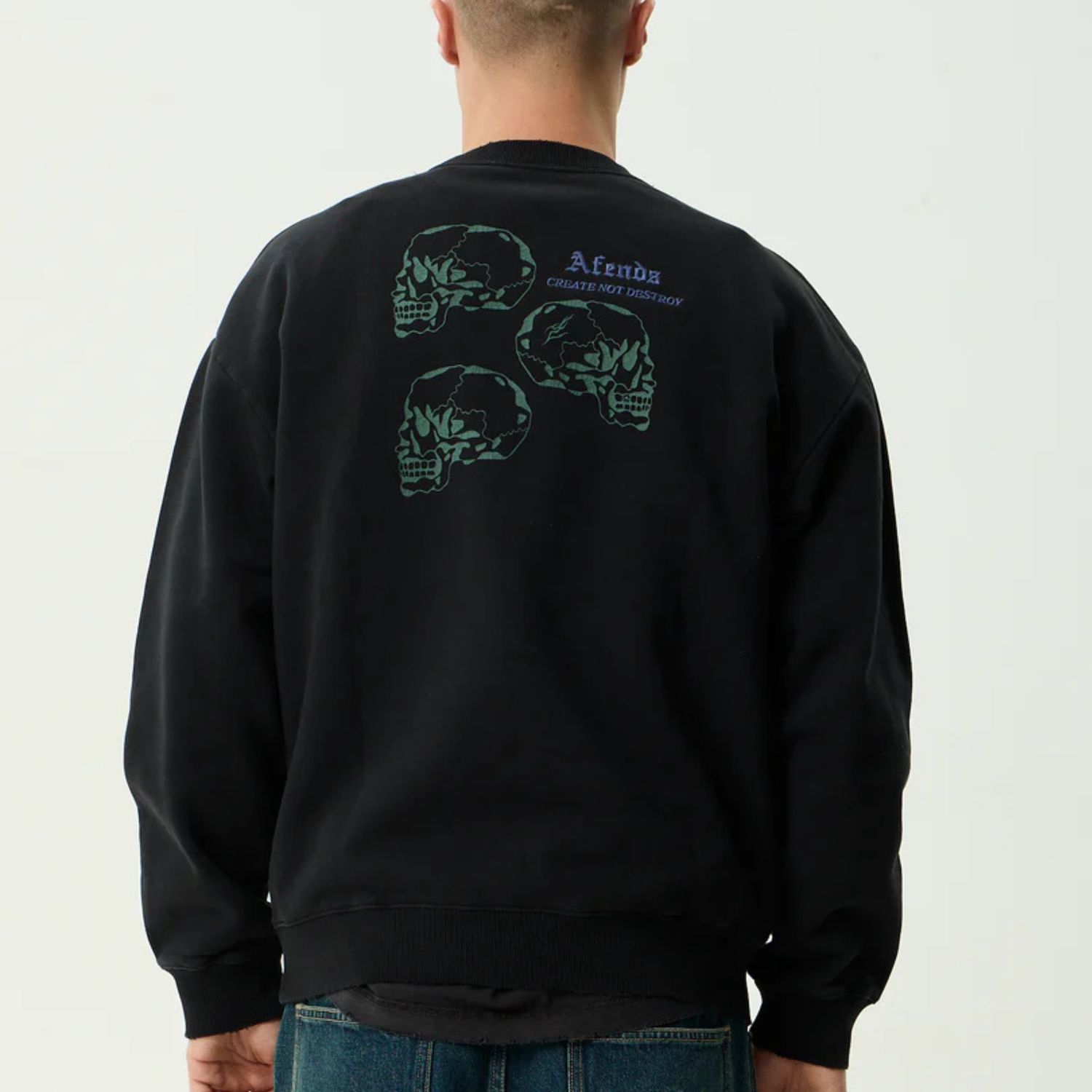 AFENDS MENS TEMPORAL - HEAVYWEIGHT CREW NECK - STONE BLACK