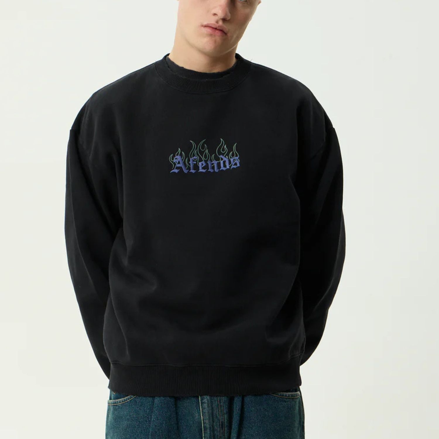 AFENDS MENS TEMPORAL - HEAVYWEIGHT CREW NECK - STONE BLACK