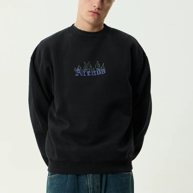 AFENDS MENS TEMPORAL - HEAVYWEIGHT CREW NECK - STONE BLACK