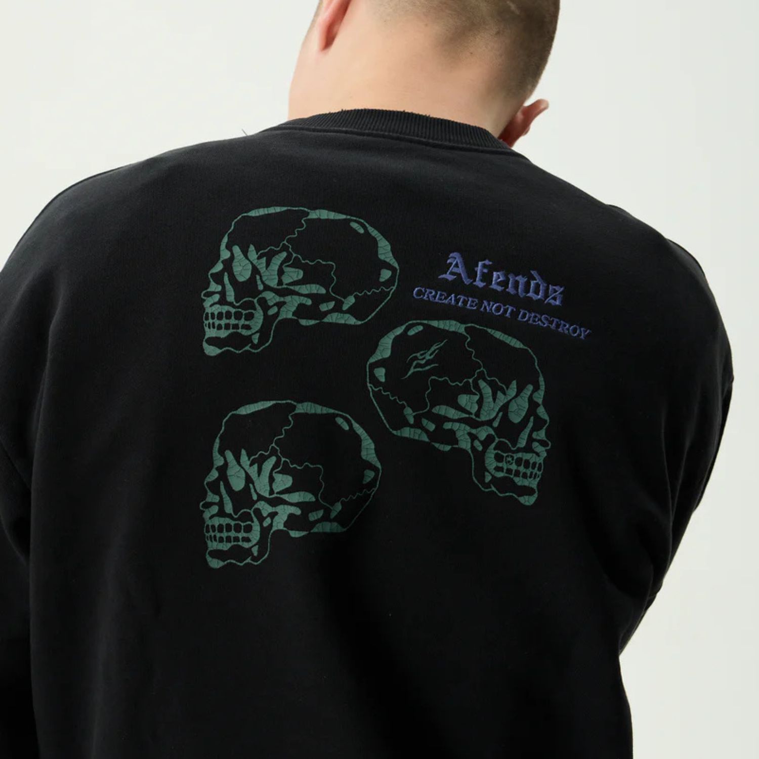 AFENDS MENS TEMPORAL - HEAVYWEIGHT CREW NECK - STONE BLACK