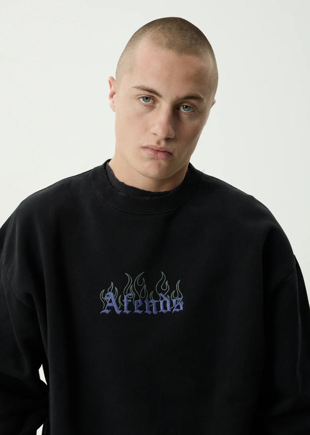 AFENDS MENS TEMPORAL - HEAVYWEIGHT CREW NECK - STONE BLACK