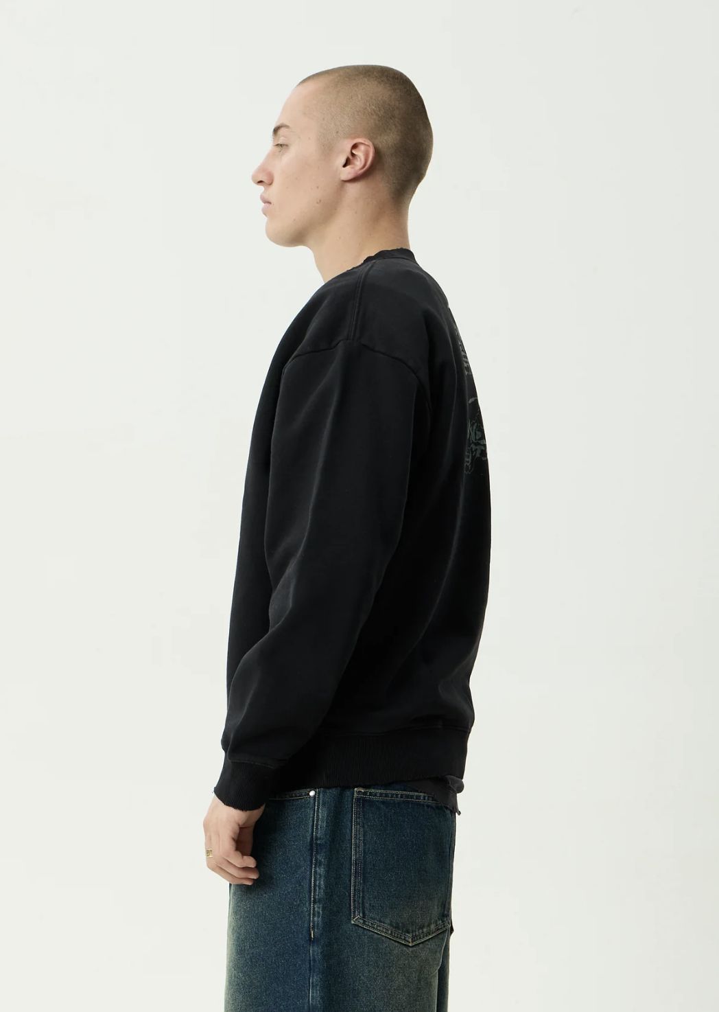 AFENDS MENS TEMPORAL - HEAVYWEIGHT CREW NECK - STONE BLACK