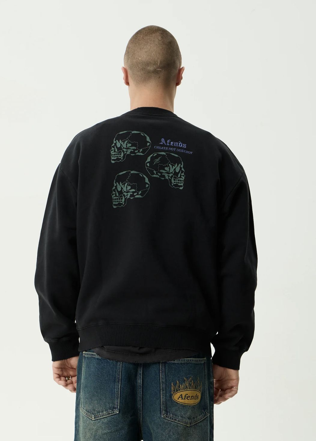 AFENDS MENS TEMPORAL - HEAVYWEIGHT CREW NECK - STONE BLACK