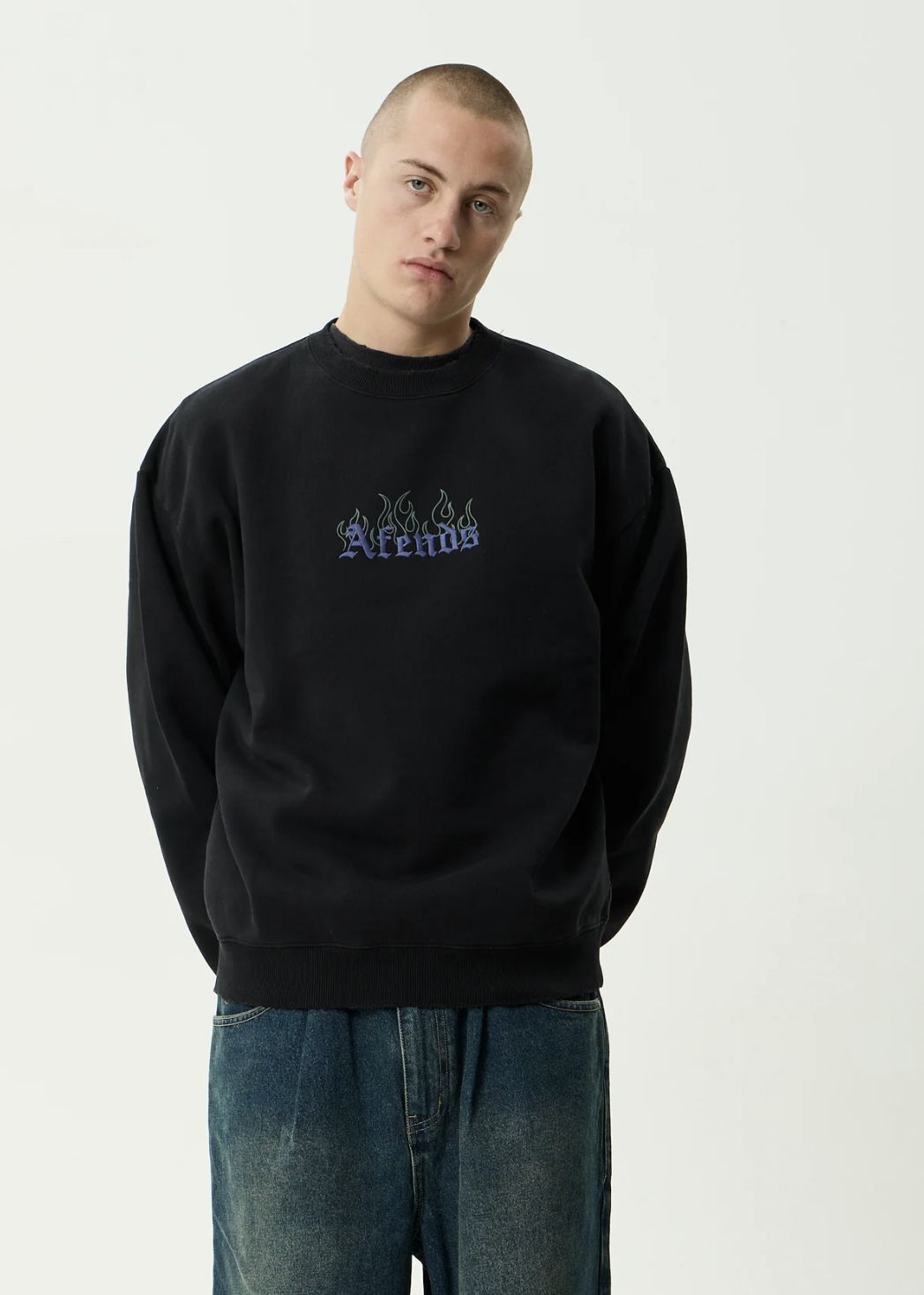 AFENDS MENS TEMPORAL - HEAVYWEIGHT CREW NECK - STONE BLACK