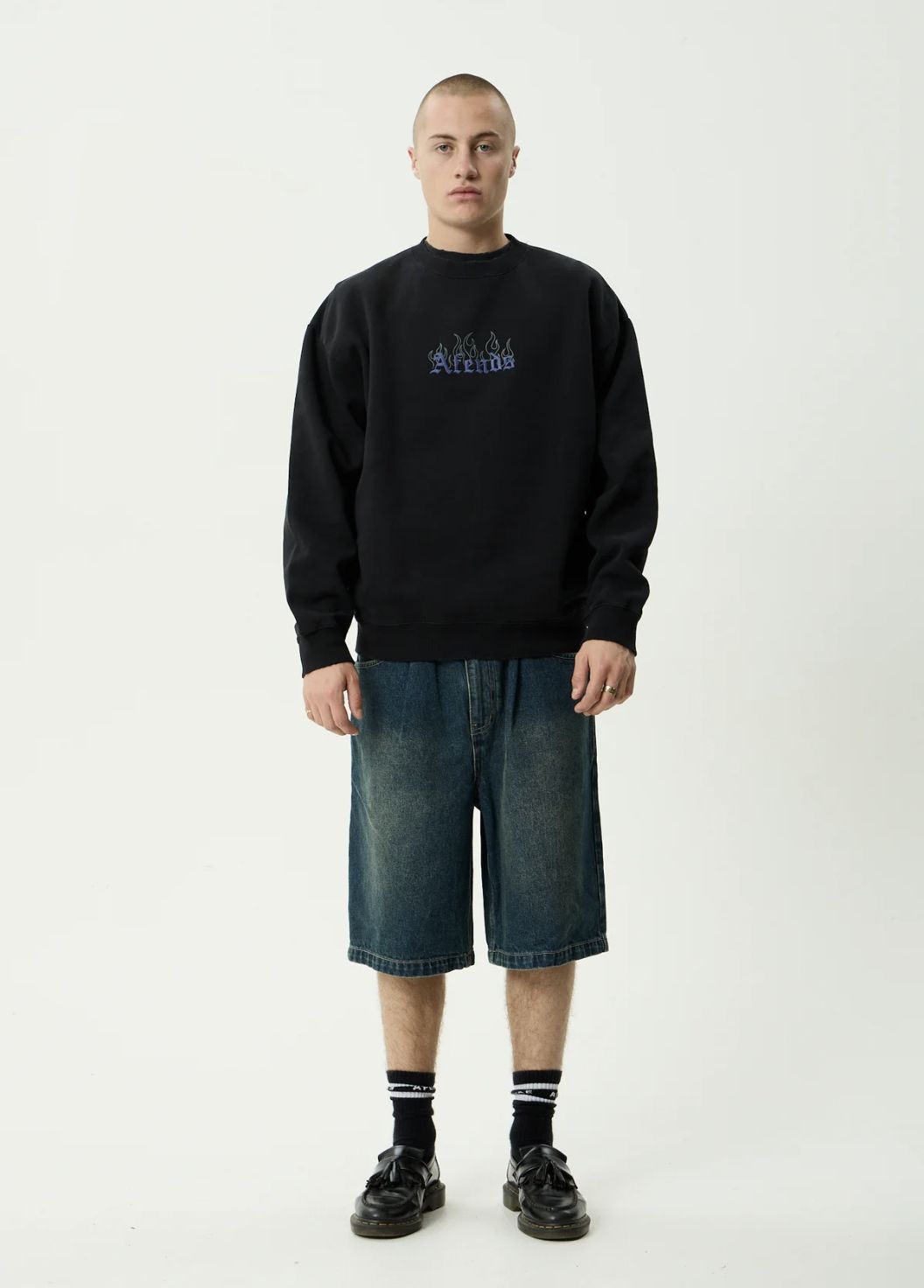 AFENDS MENS TEMPORAL - HEAVYWEIGHT CREW NECK - STONE BLACK