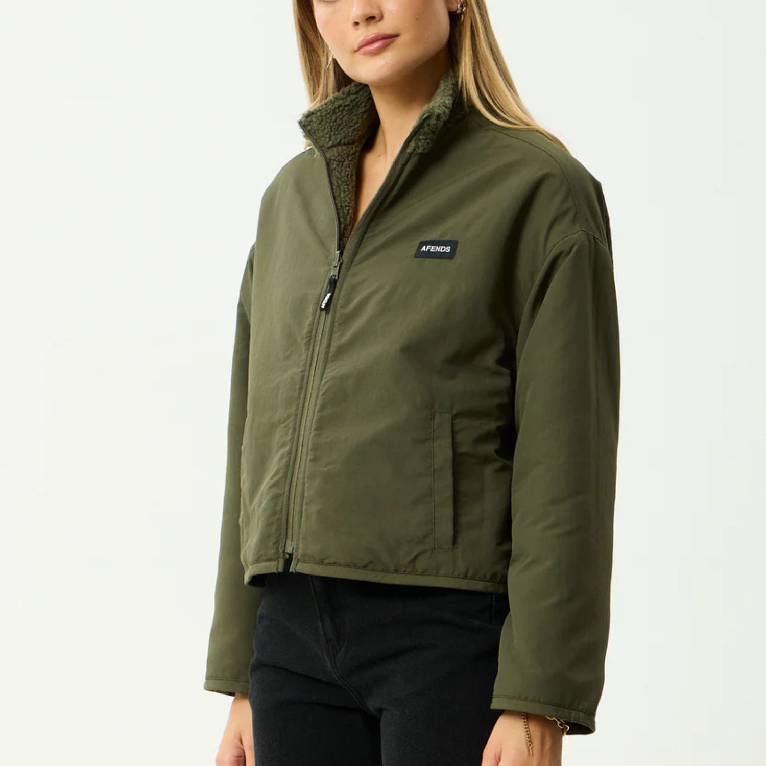 AFENDS WOMENS BERLIN - REVERSIBLE RECYCLED POLAR FLEECE JACKET - DEEP OLIVE