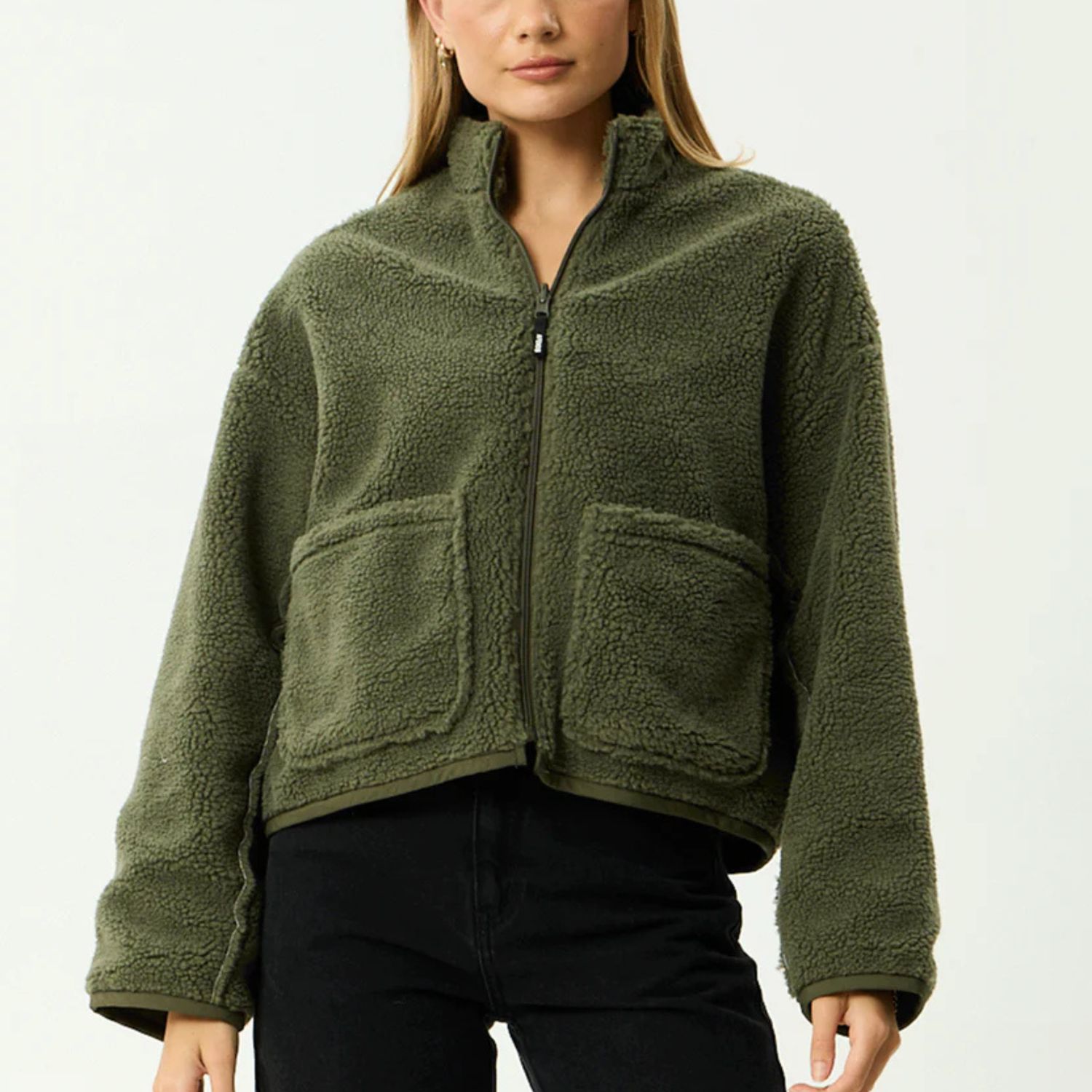 AFENDS WOMENS BERLIN - REVERSIBLE RECYCLED POLAR FLEECE JACKET - DEEP OLIVE