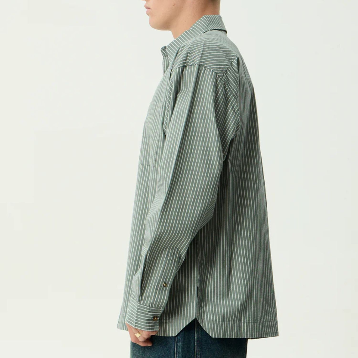 AFENDS MENS PINNED - OVERSIZED STRIPED LONG SLEEVE SHIRT - SYCAMORE STRIPE