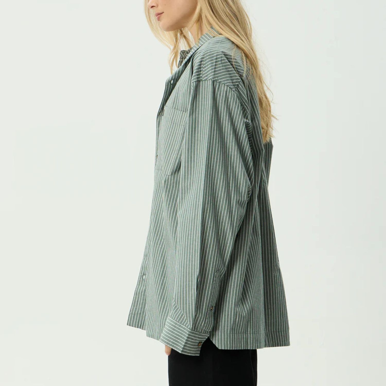 AFENDS MENS PINNED - OVERSIZED STRIPED LONG SLEEVE SHIRT - SYCAMORE STRIPE