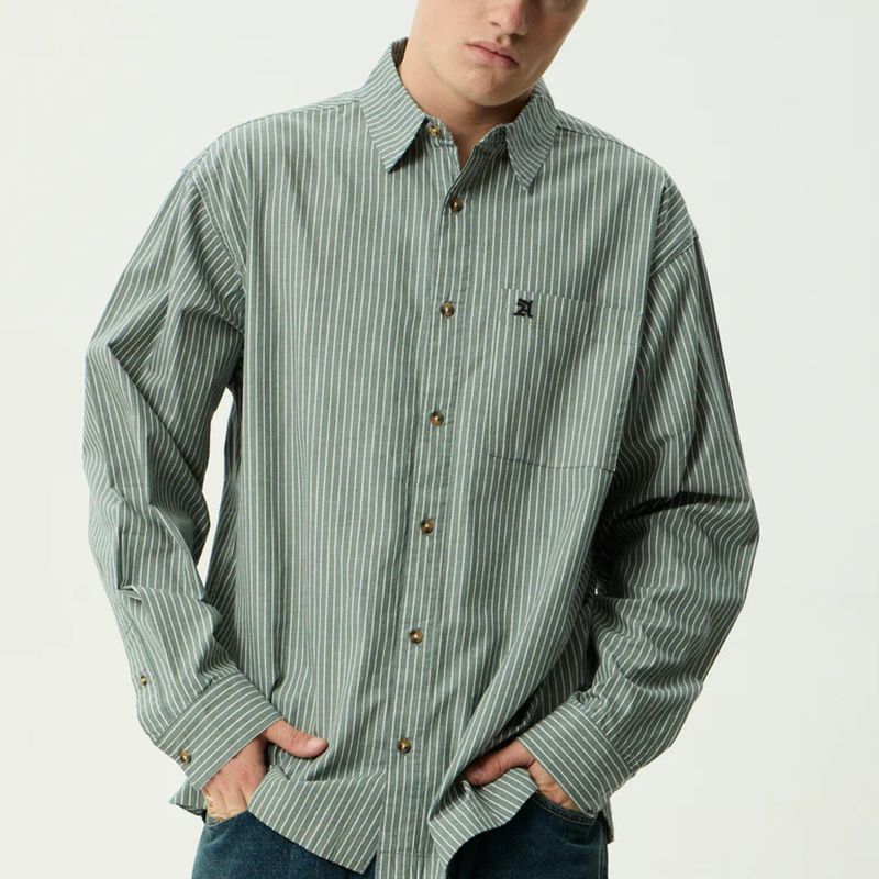 AFENDS MENS PINNED - OVERSIZED STRIPED LONG SLEEVE SHIRT - SYCAMORE STRIPE