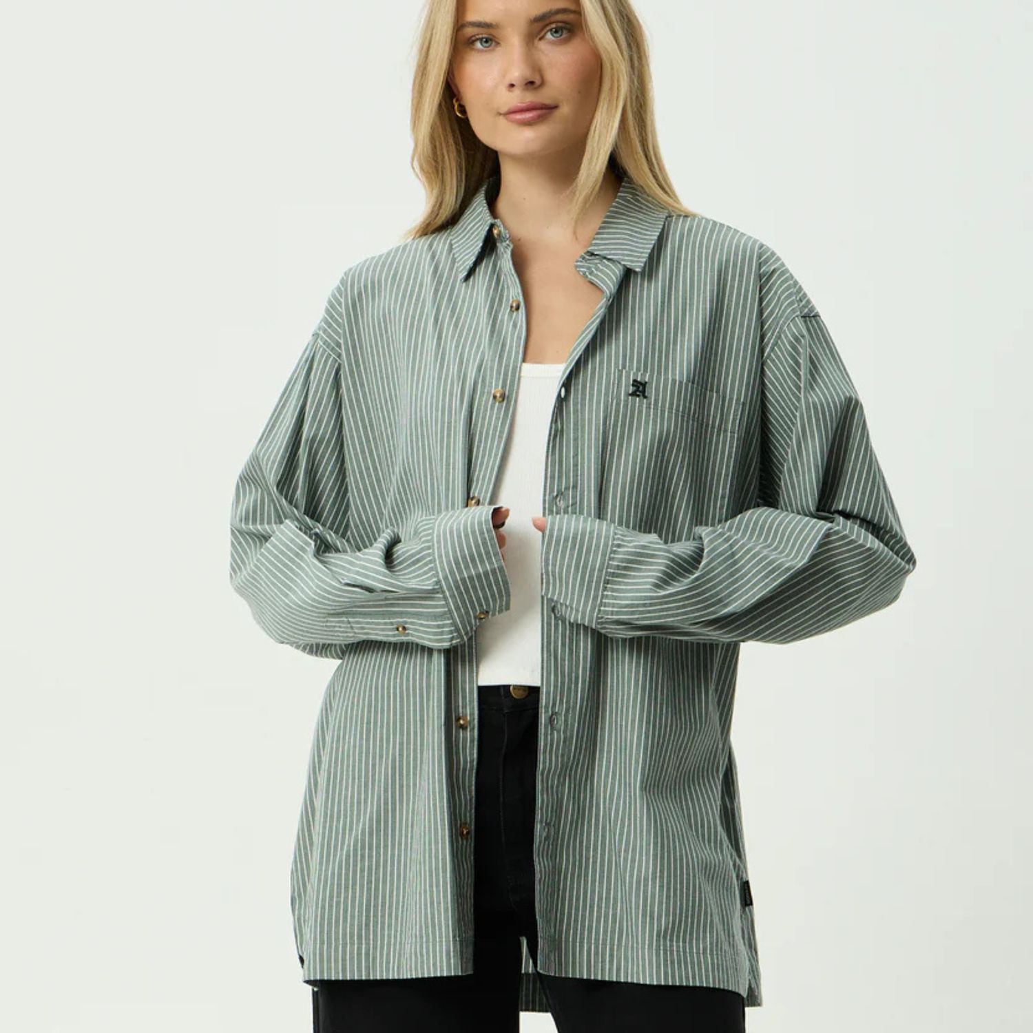 AFENDS MENS PINNED - OVERSIZED STRIPED LONG SLEEVE SHIRT - SYCAMORE STRIPE