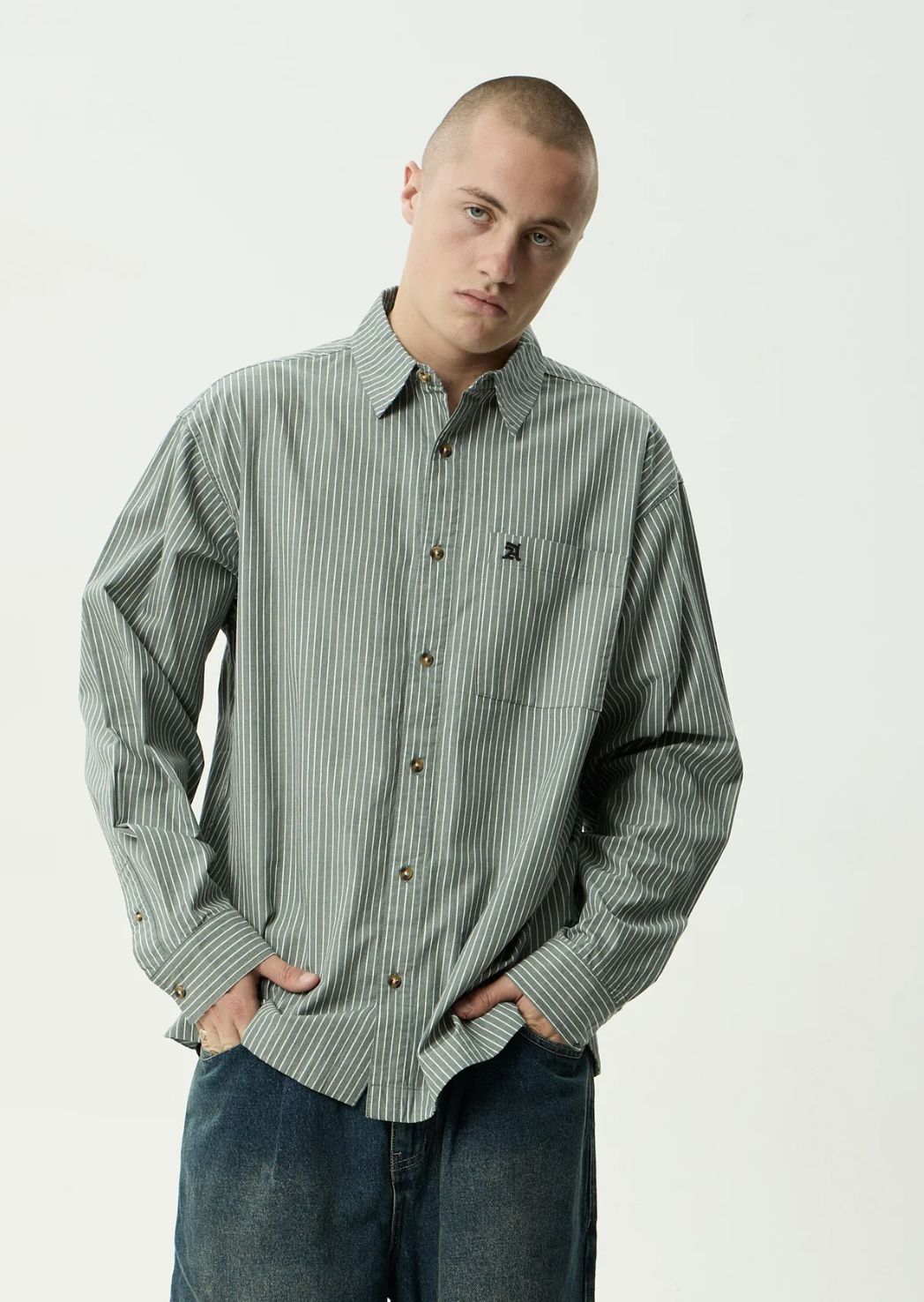 AFENDS MENS PINNED - OVERSIZED STRIPED LONG SLEEVE SHIRT - SYCAMORE STRIPE