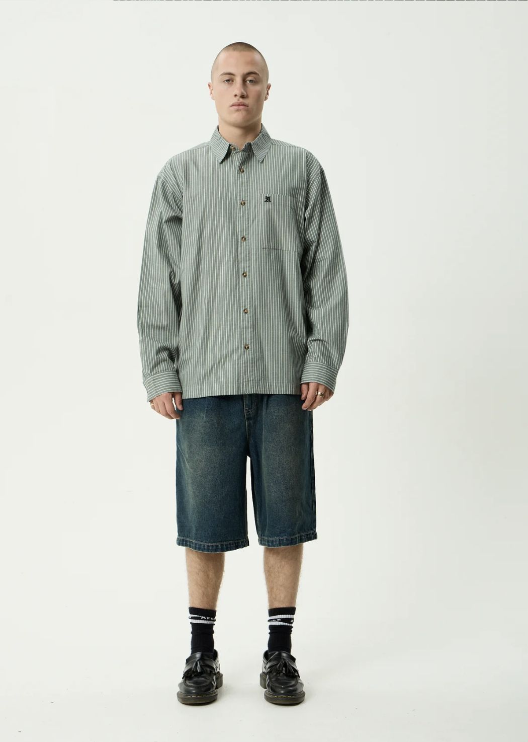 AFENDS MENS PINNED - OVERSIZED STRIPED LONG SLEEVE SHIRT - SYCAMORE STRIPE