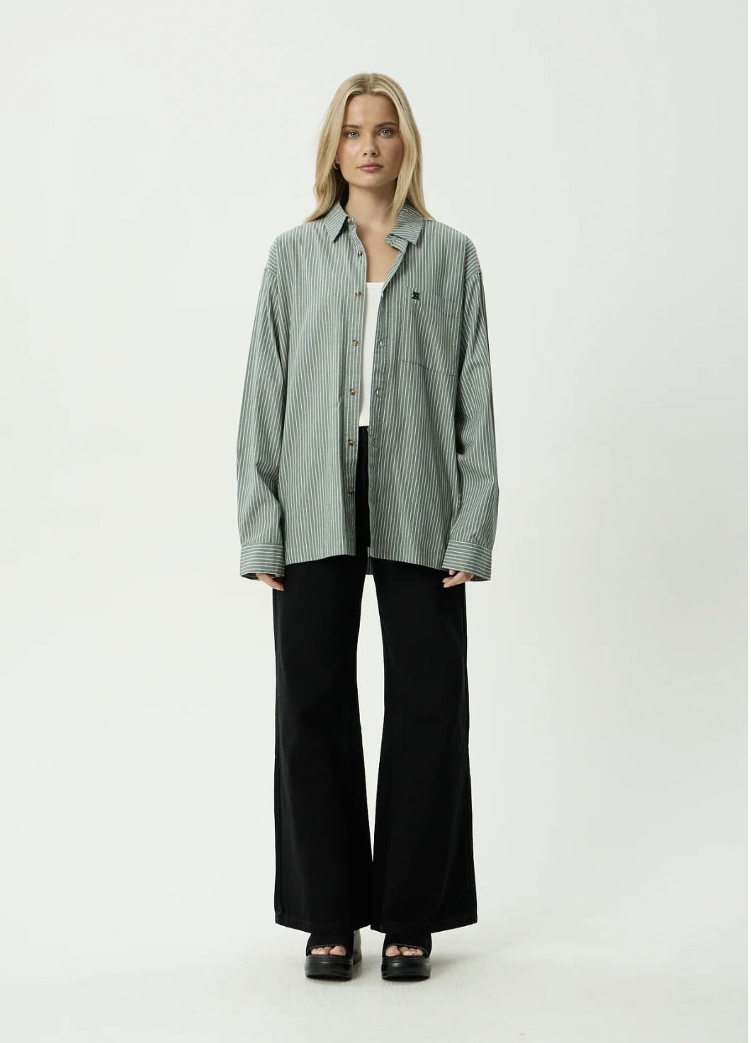 AFENDS MENS PINNED - OVERSIZED STRIPED LONG SLEEVE SHIRT - SYCAMORE STRIPE