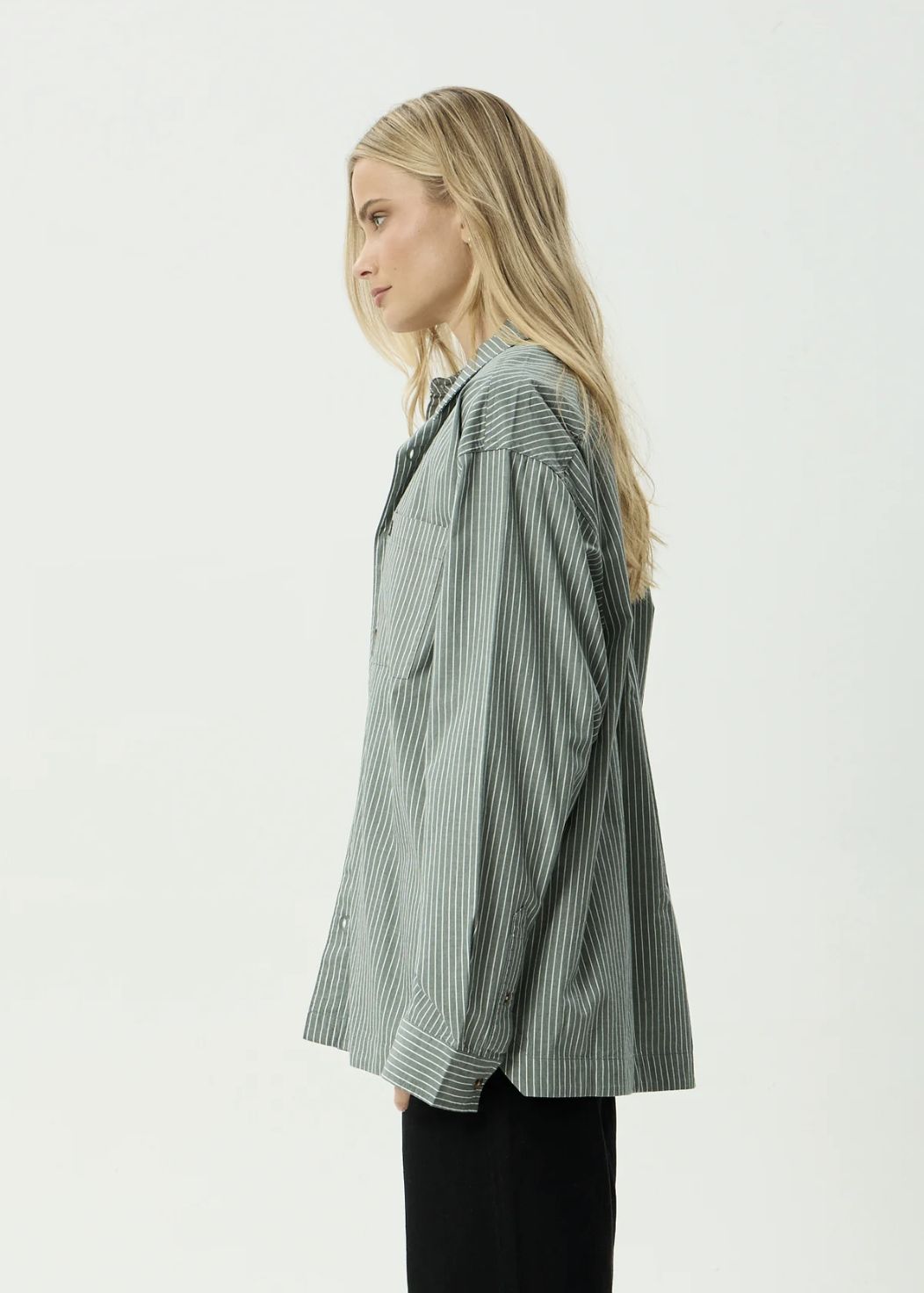 AFENDS MENS PINNED - OVERSIZED STRIPED LONG SLEEVE SHIRT - SYCAMORE STRIPE