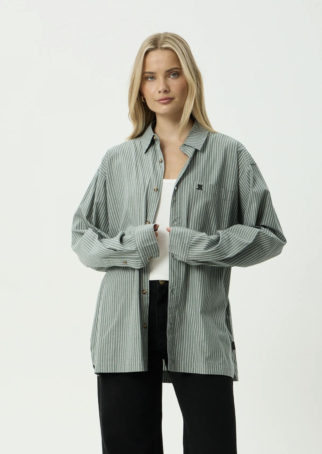 AFENDS MENS PINNED - OVERSIZED STRIPED LONG SLEEVE SHIRT - SYCAMORE STRIPE