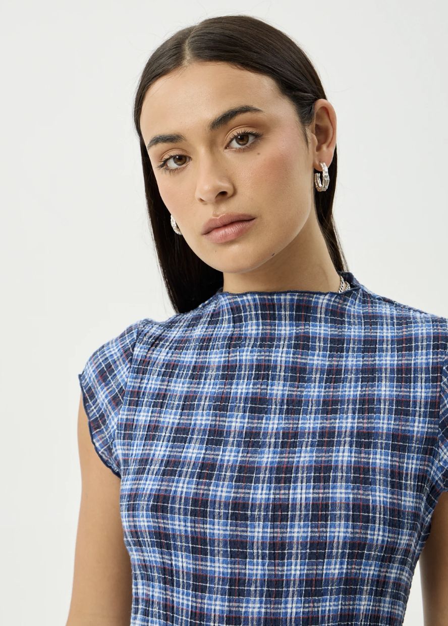 AFENDS WOMENS MOUNTAINS ELODIE - HEMP SEERSUCKER MIDI DRESS - NAVY RED CHECK