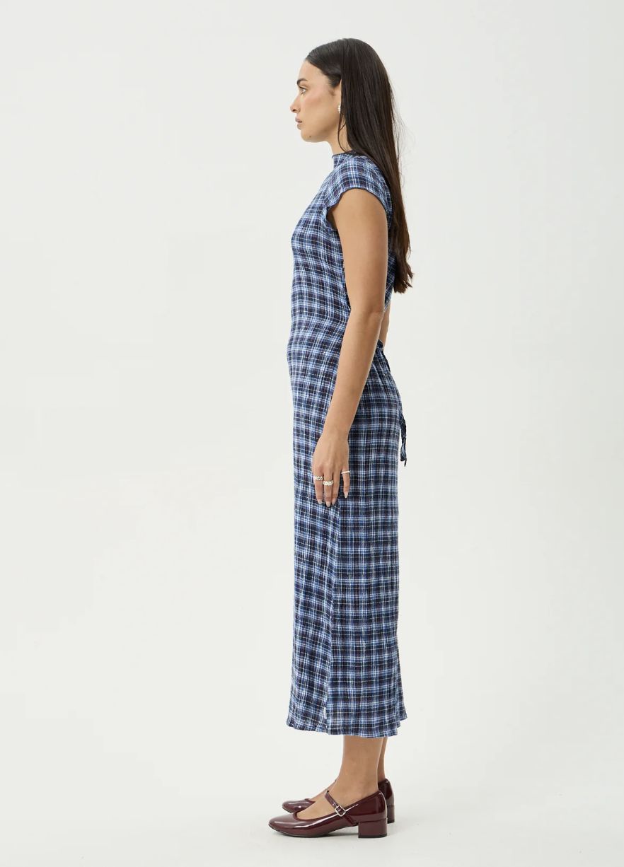 AFENDS WOMENS MOUNTAINS ELODIE - HEMP SEERSUCKER MIDI DRESS - NAVY RED CHECK