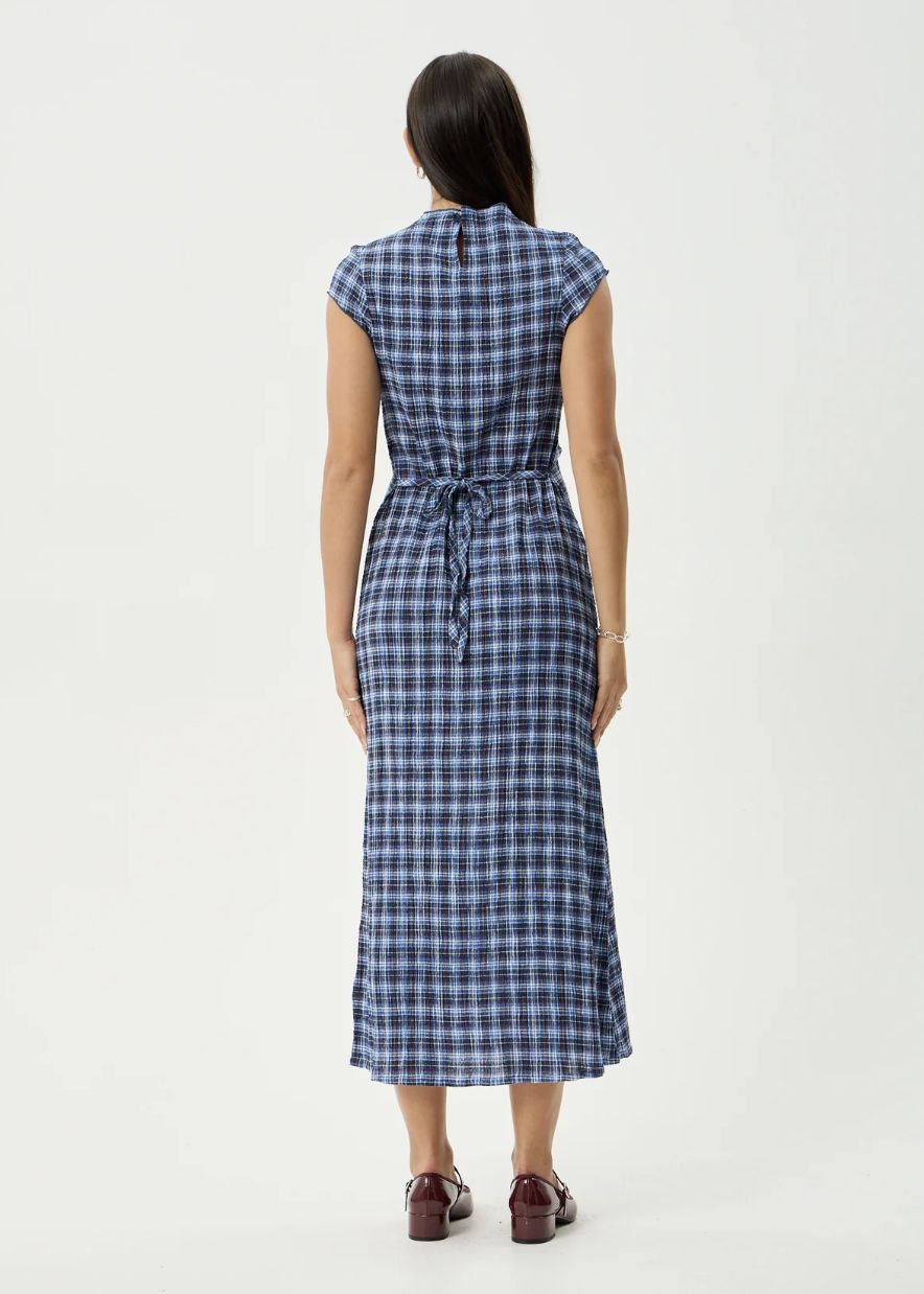 AFENDS WOMENS MOUNTAINS ELODIE - HEMP SEERSUCKER MIDI DRESS - NAVY RED CHECK