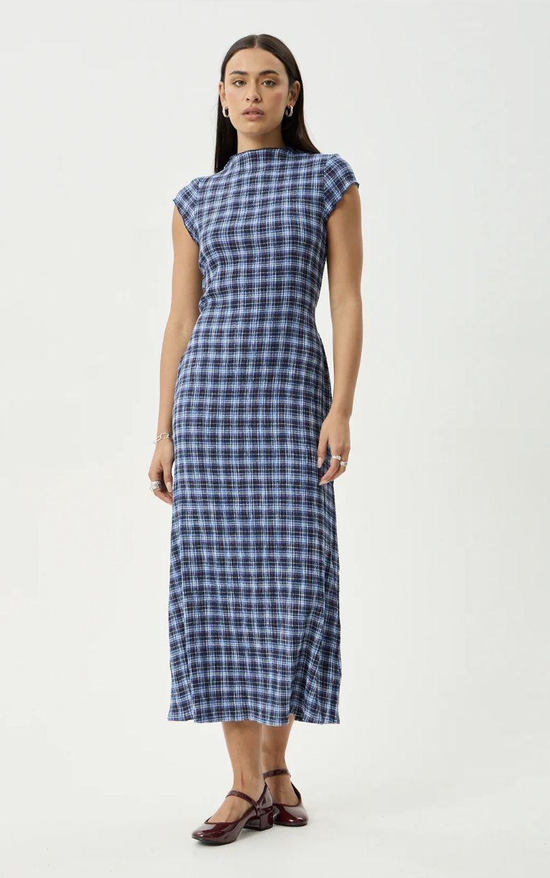 AFENDS WOMENS MOUNTAINS ELODIE - HEMP SEERSUCKER MIDI DRESS - NAVY RED CHECK