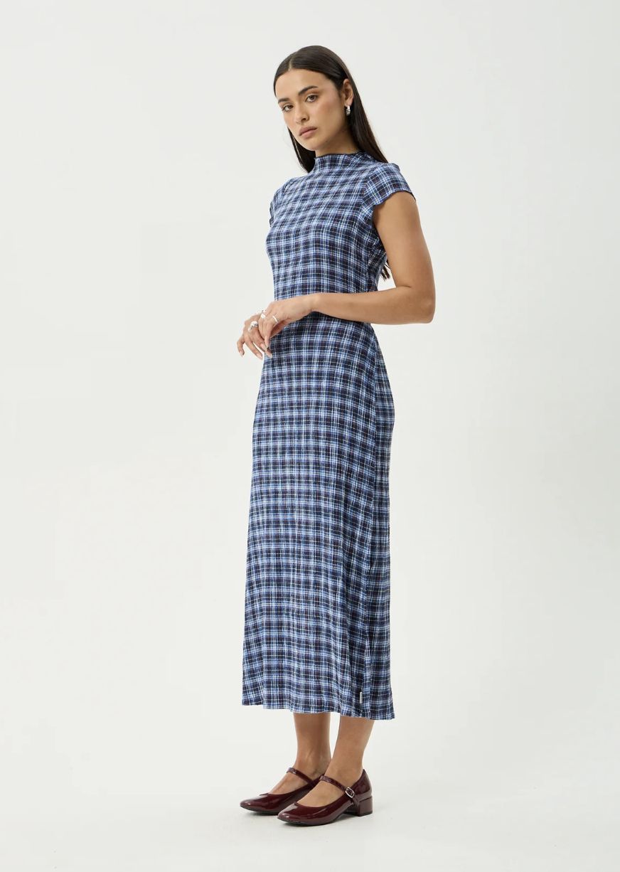 AFENDS WOMENS MOUNTAINS ELODIE - HEMP SEERSUCKER MIDI DRESS - NAVY RED CHECK