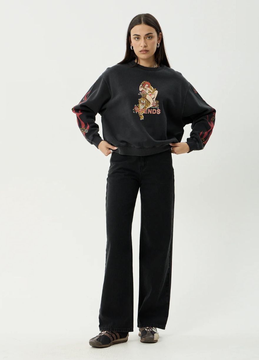 AFENDS WOMENS HELLCAT - RECYCLED CREW NECK - STONE BLACK