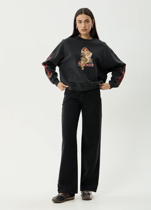 AFENDS WOMENS HELLCAT - RECYCLED CREW NECK - STONE BLACK
