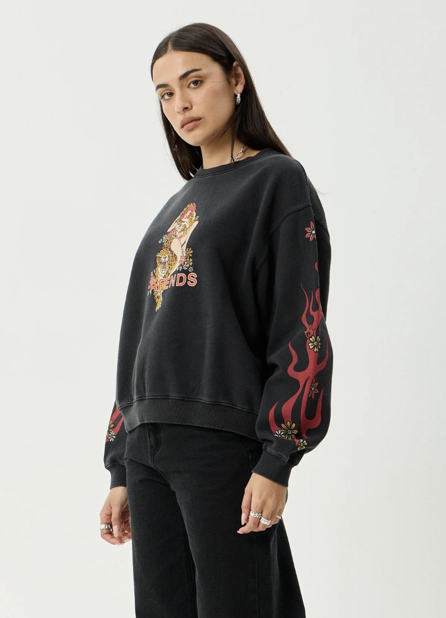 AFENDS WOMENS HELLCAT - RECYCLED CREW NECK - STONE BLACK