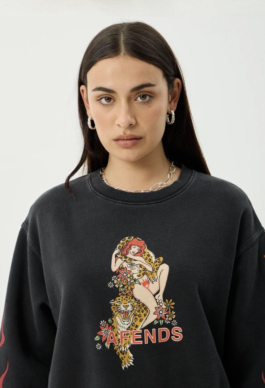 AFENDS WOMENS HELLCAT - RECYCLED CREW NECK - STONE BLACK