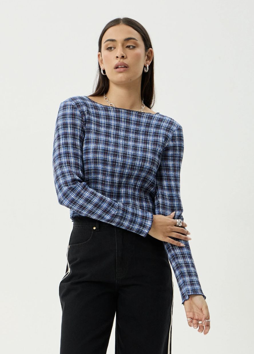 AFENDS WOMENS MOUNTAINS - HEMP SEERSUCKER LONG SLEEVE TOP - NAVY RED CHECK